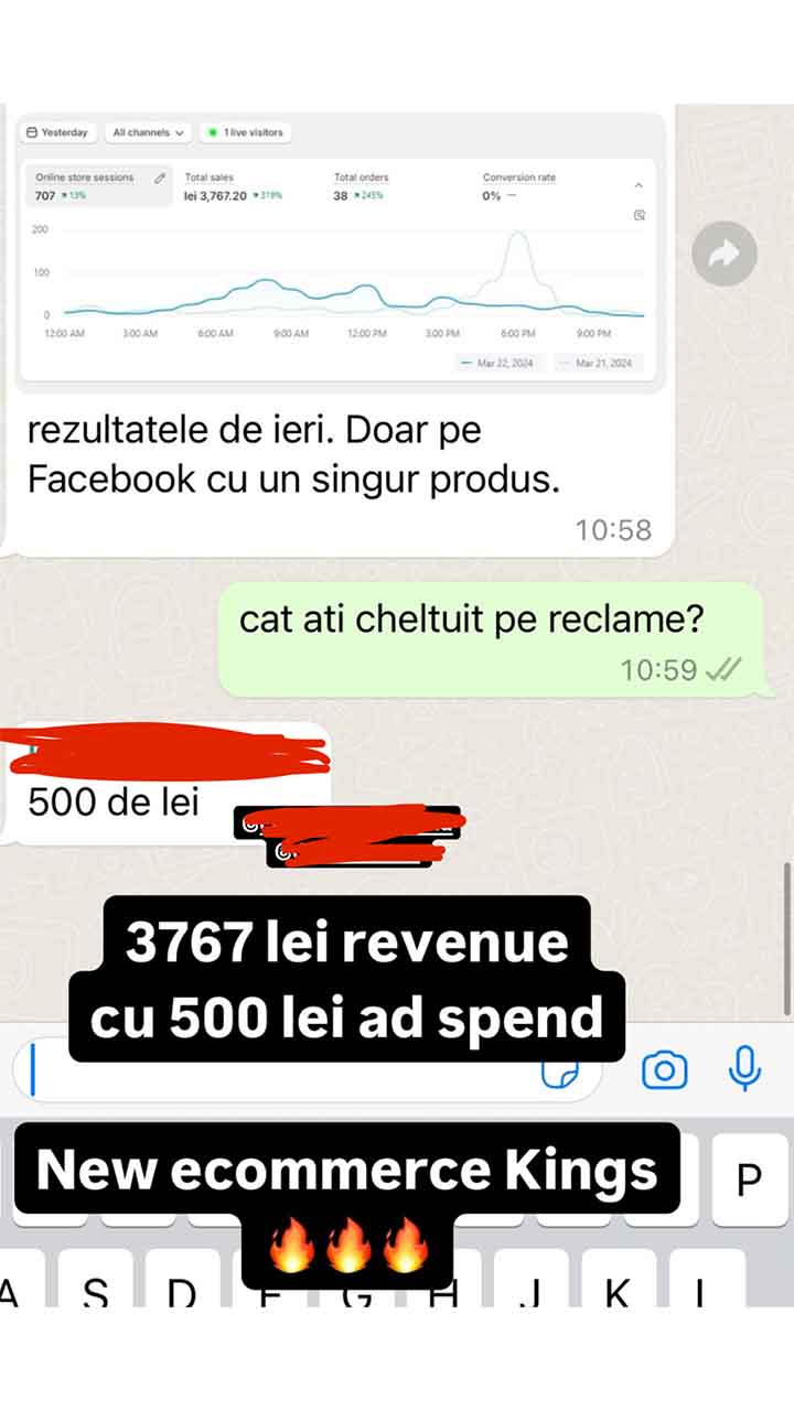 3,767 lei revenue cu 500 lei ad spend