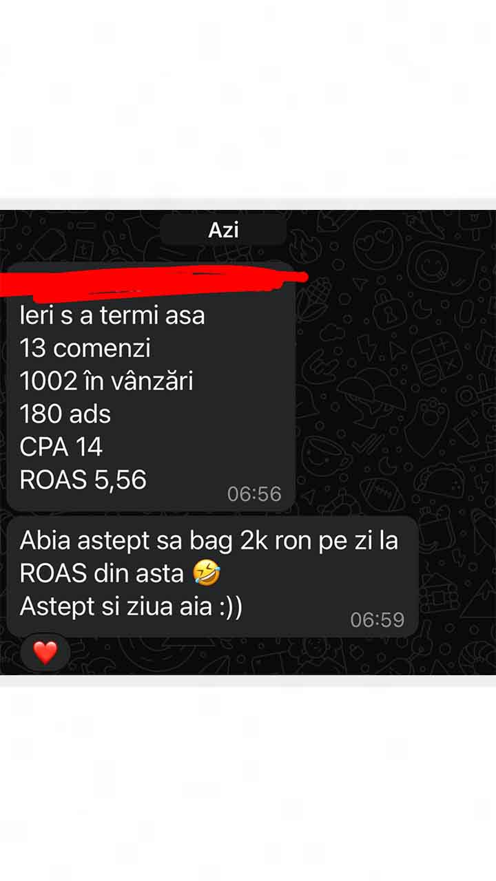 ROAS 5.56 cu vânzări de 1002 lei